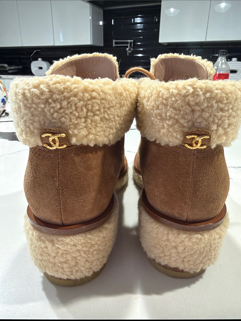 CHANEL Brown Suede Shearling-Trim Ankle Booties with Gold CC